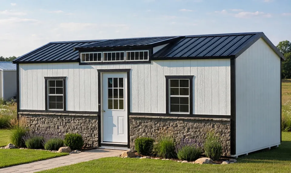 White handcrafted shed with black roof and trim