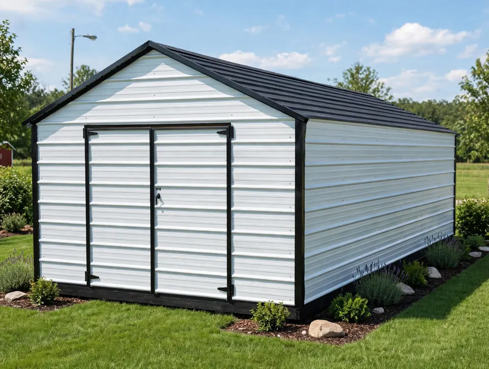 White all-metal economy shed with black trim and roof