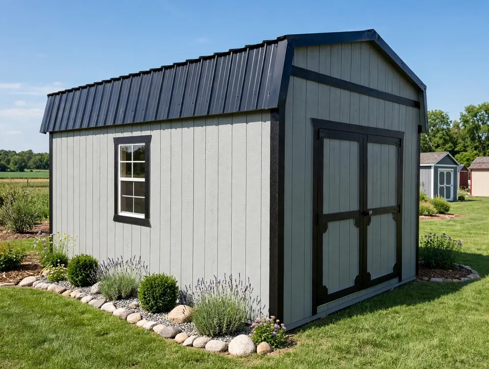 Light gray lofted barn with black trim and black metal barn roof