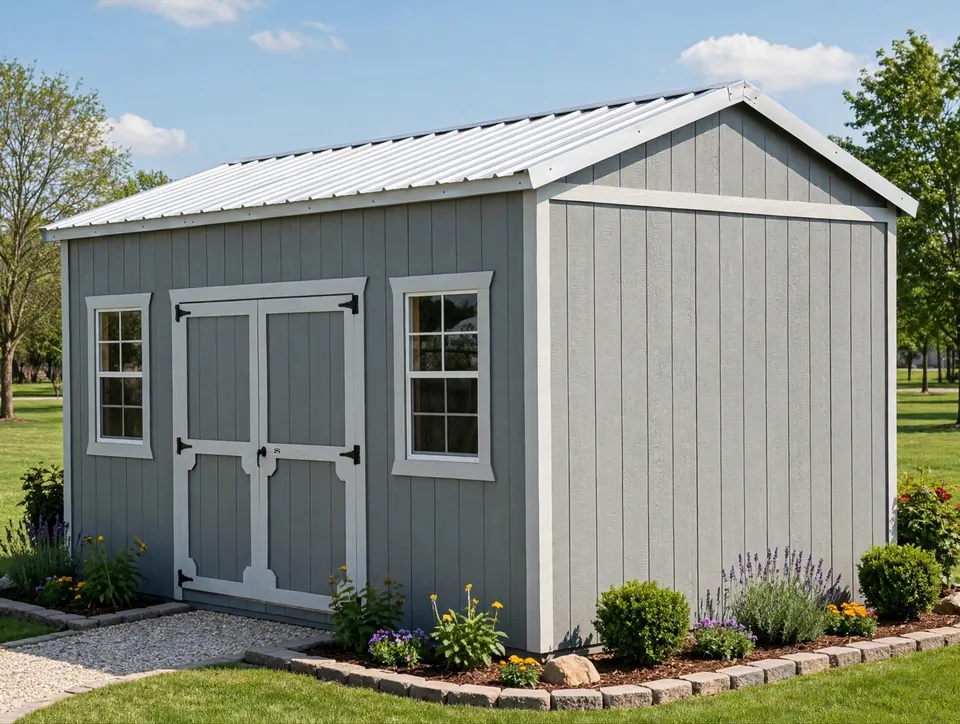 Gray utility shed with white trim, double doors and a galvalume metal roof